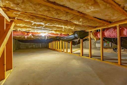 Basement or crawl space with upper floor insulatio