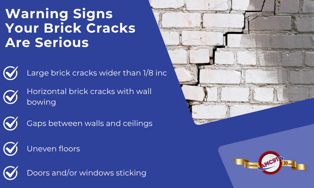 An infographic by AMC911 outlining warning signs that your brick cracks are serious